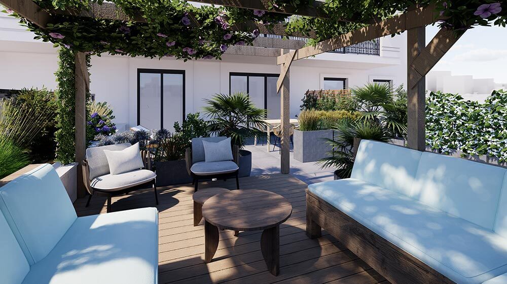 Image 3D d'un projet d'Aménagement extérieur d'une grande terrasse avec pergola et coin cosy à Levallois