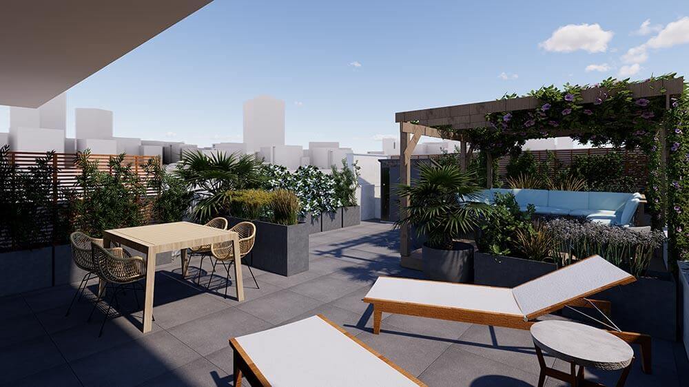 Image 3D globale d'un projet d'Aménagement extérieur d'une grande terrasse à Levallois