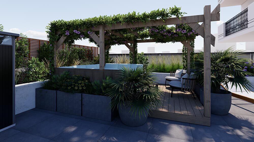 Image 3D d'un projet d'Aménagement extérieur d'une grande terrasse avec pergola bois à Levallois