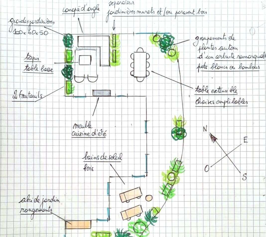 Croquis préparatoire pour l'aménagement d'une grande terrasse courbe à Rueil Malmaison