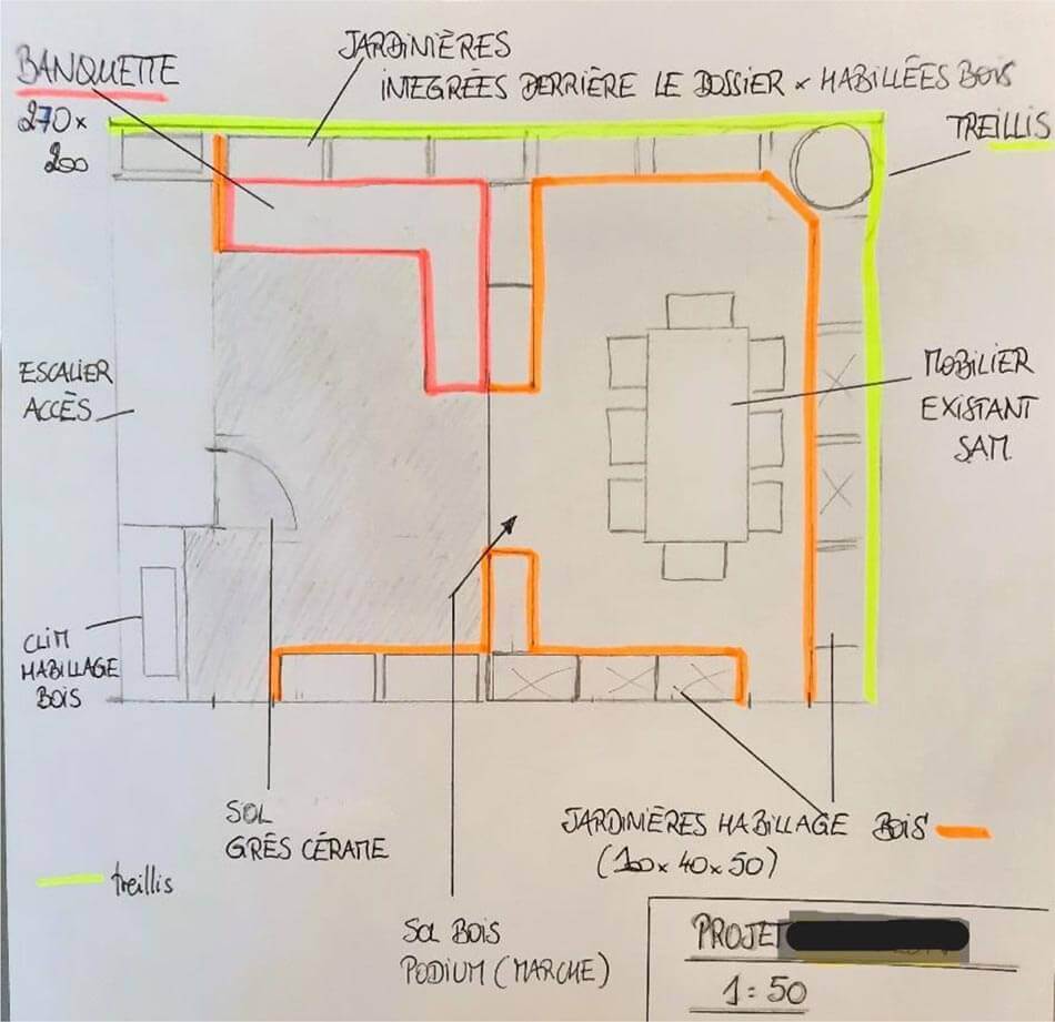 Esquisse plan au sol d'un Aménagement de rooftop à Levallois-Perret