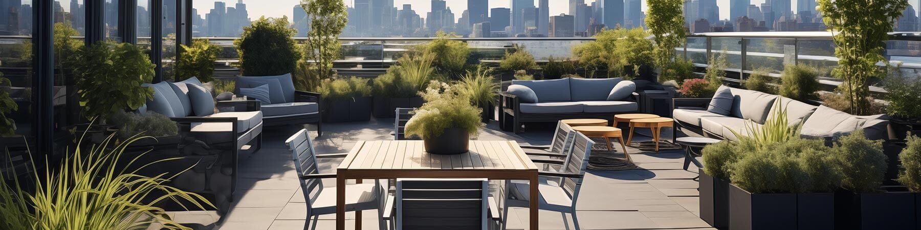 Aménagement de terrasse d'entreprise extérieure avec mobilier et végétation