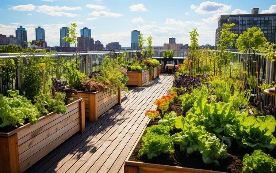 Aménagement de terrasse d'entreprise extérieure avec jardin potager collectif
